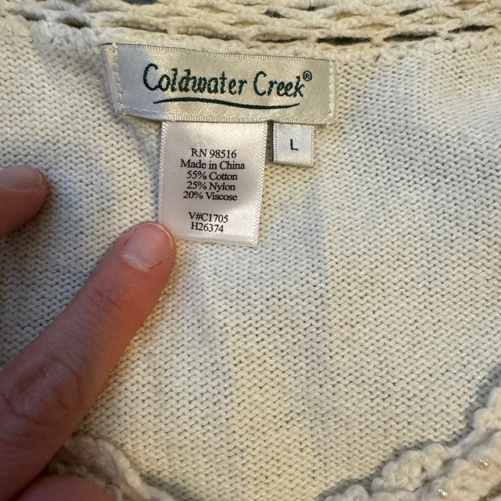 Coldwater Creek Beaded Crochet Trim Cardigan Pearl Button Cable Knit Ivory L - Picture 5 of 12